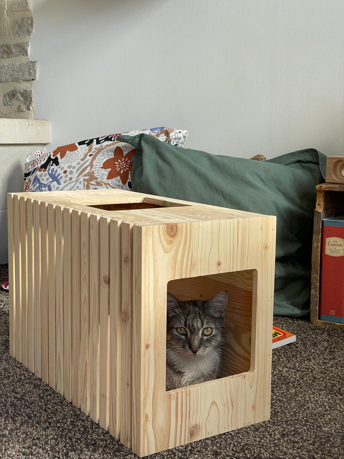 panier cube pour chat en bois
